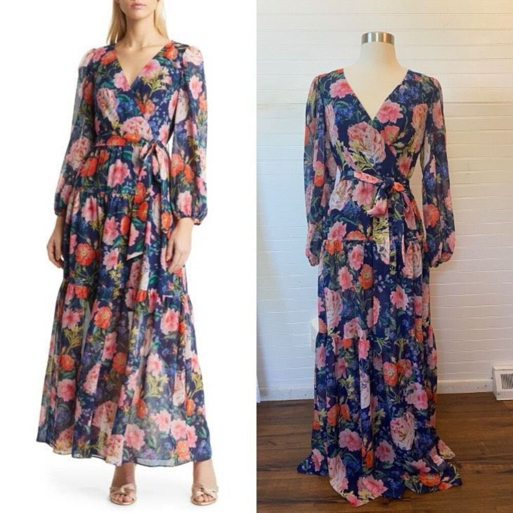 Eliza J Chiffon Chiffon Floral-Print Faux-Wrap Tiered Maxi Dress NEW Size 4 Blue - Picture 10 of 12